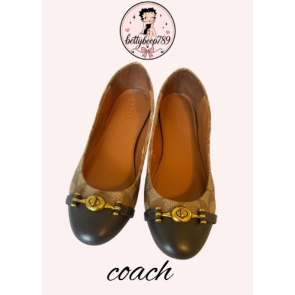 Coach Signature Monogram Turnlock Cap Toe Ballet Flats Brown Leather FG1264 8.5B